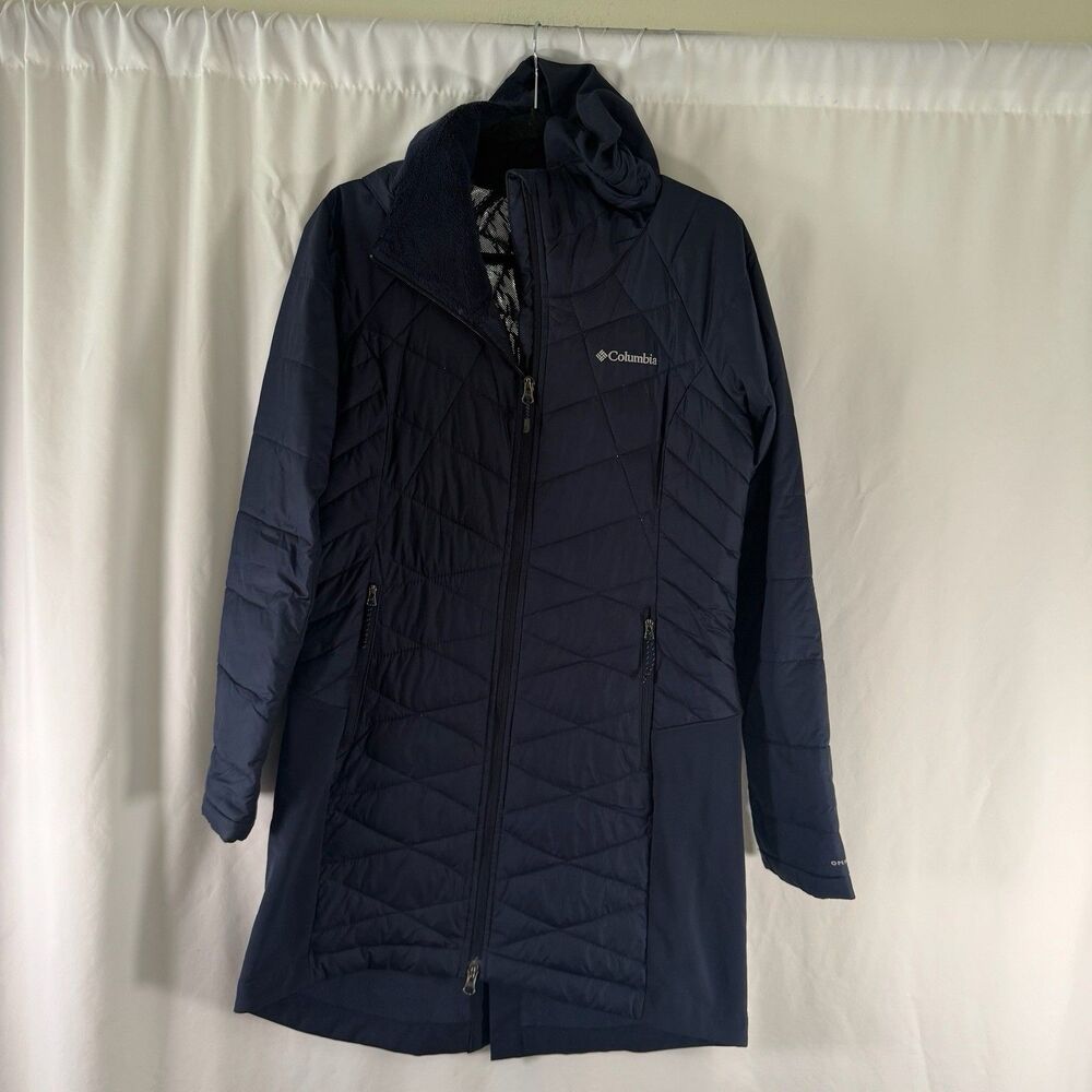 Columbia OMNI-Heat Long Jacket Women's S Blue Hooded Full Zip Pockets Insulated